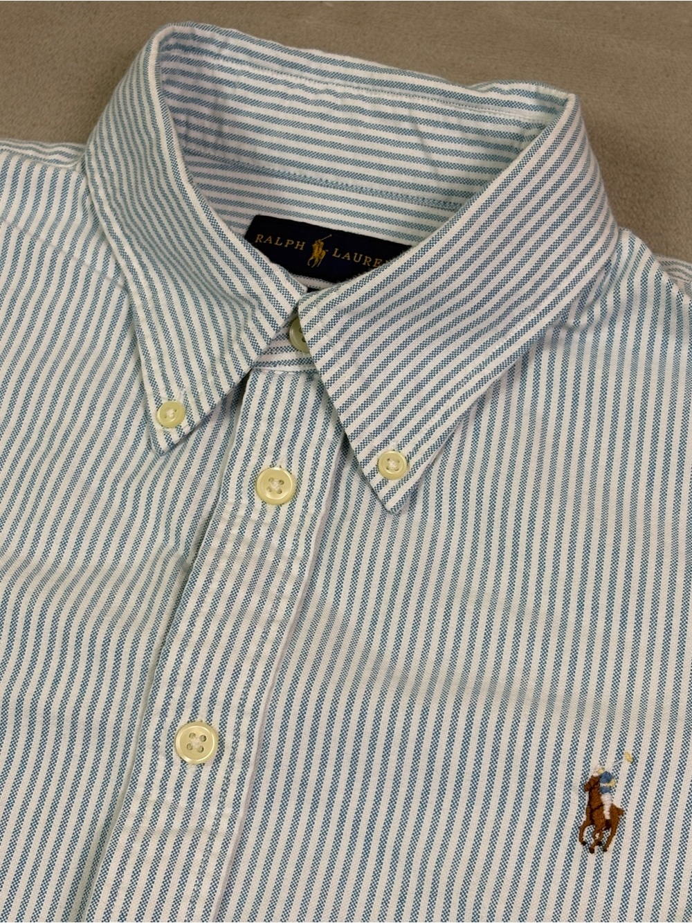 Vintage Ralph Lauren Shirt Mens Large Blue Stripe Custom Fit Preppy Casual Pony